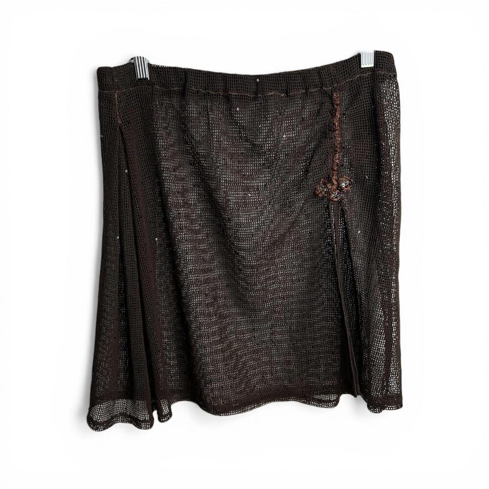 Y2K Brown Knit Mesh Skirt with Embellished Detail